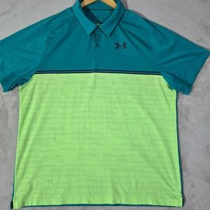Under Armour Mens 3XL Teal Lime Green Colorblock HeatGear Golf Polo Shirt